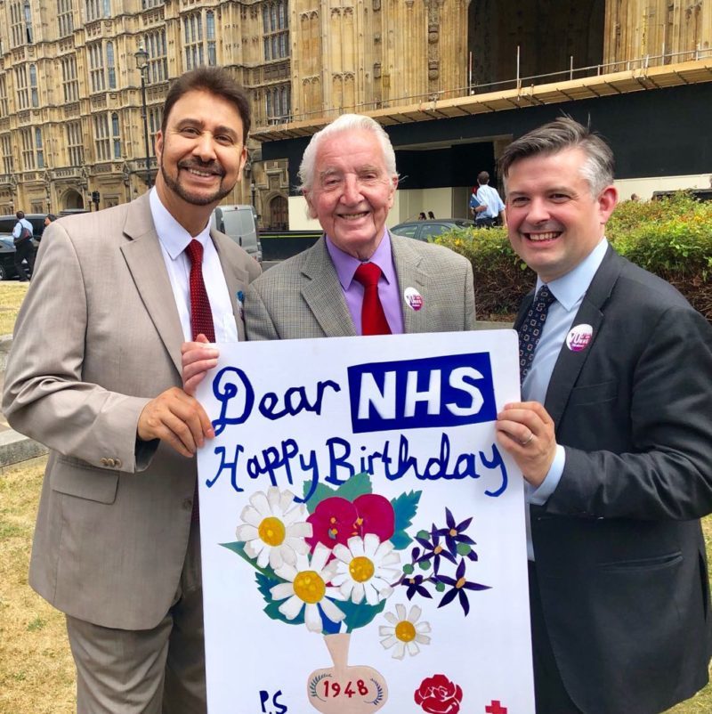 Afzal Khan MP, Dennis Skinner MP & Jon Ashworth MP celebrating the NHS