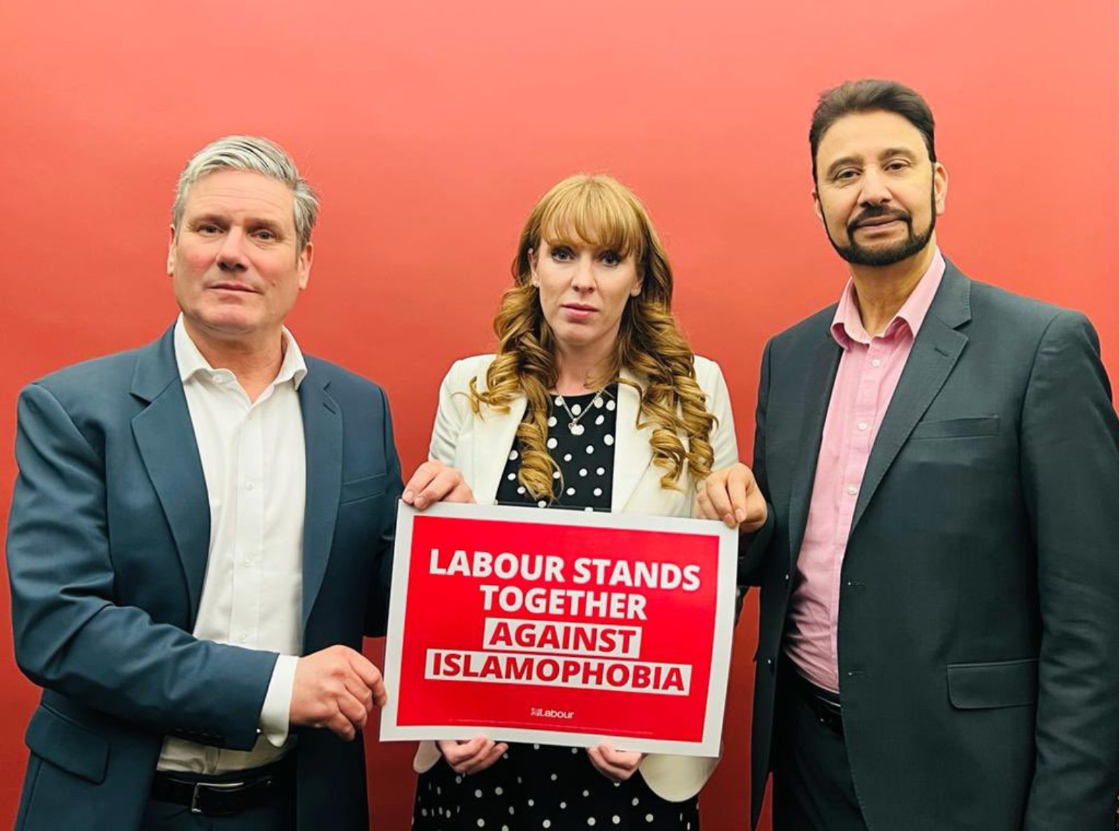 Labour Leader Keir Starmer, Deputy Leader Angela, and Afzal Khan MP stand against Islamophobia.