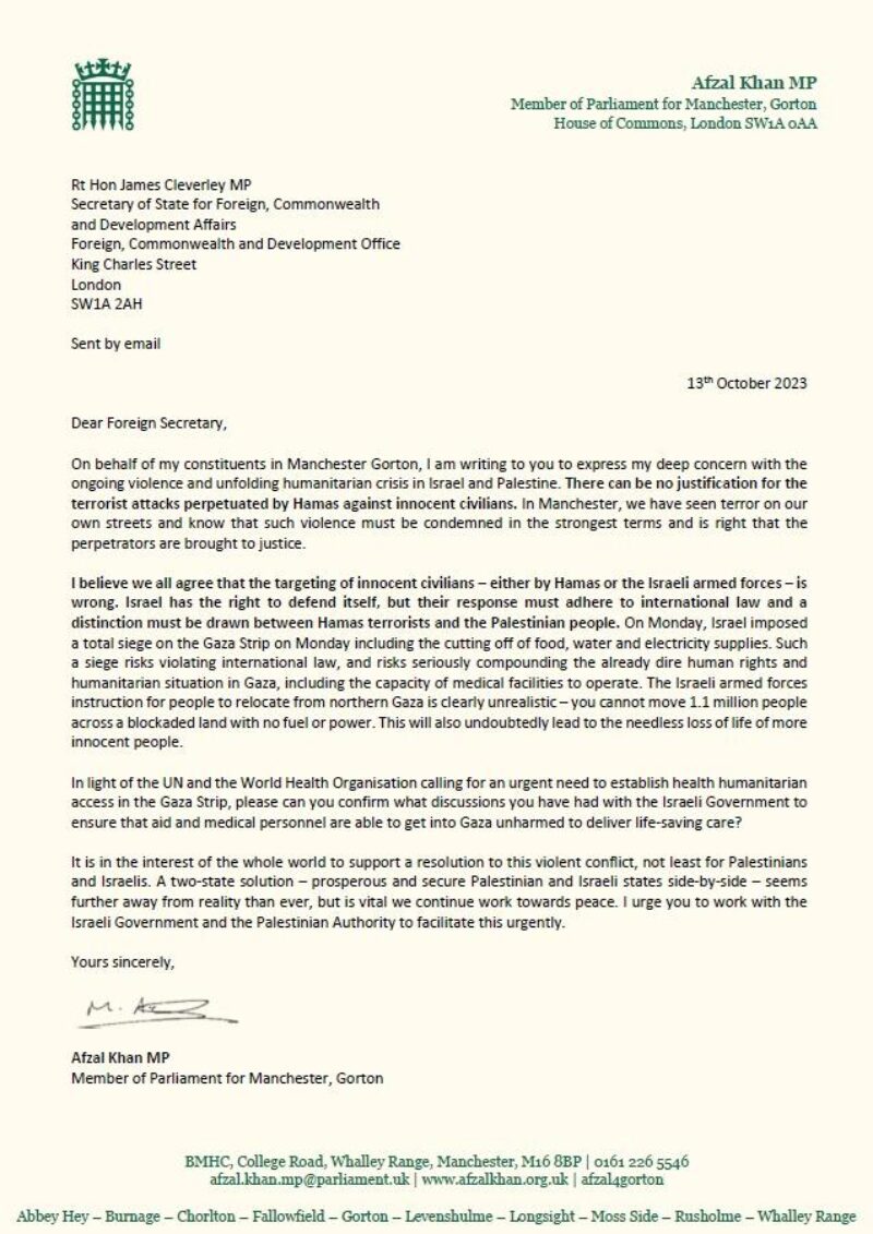 Afzal Khan MP letter to James Cleverly MP