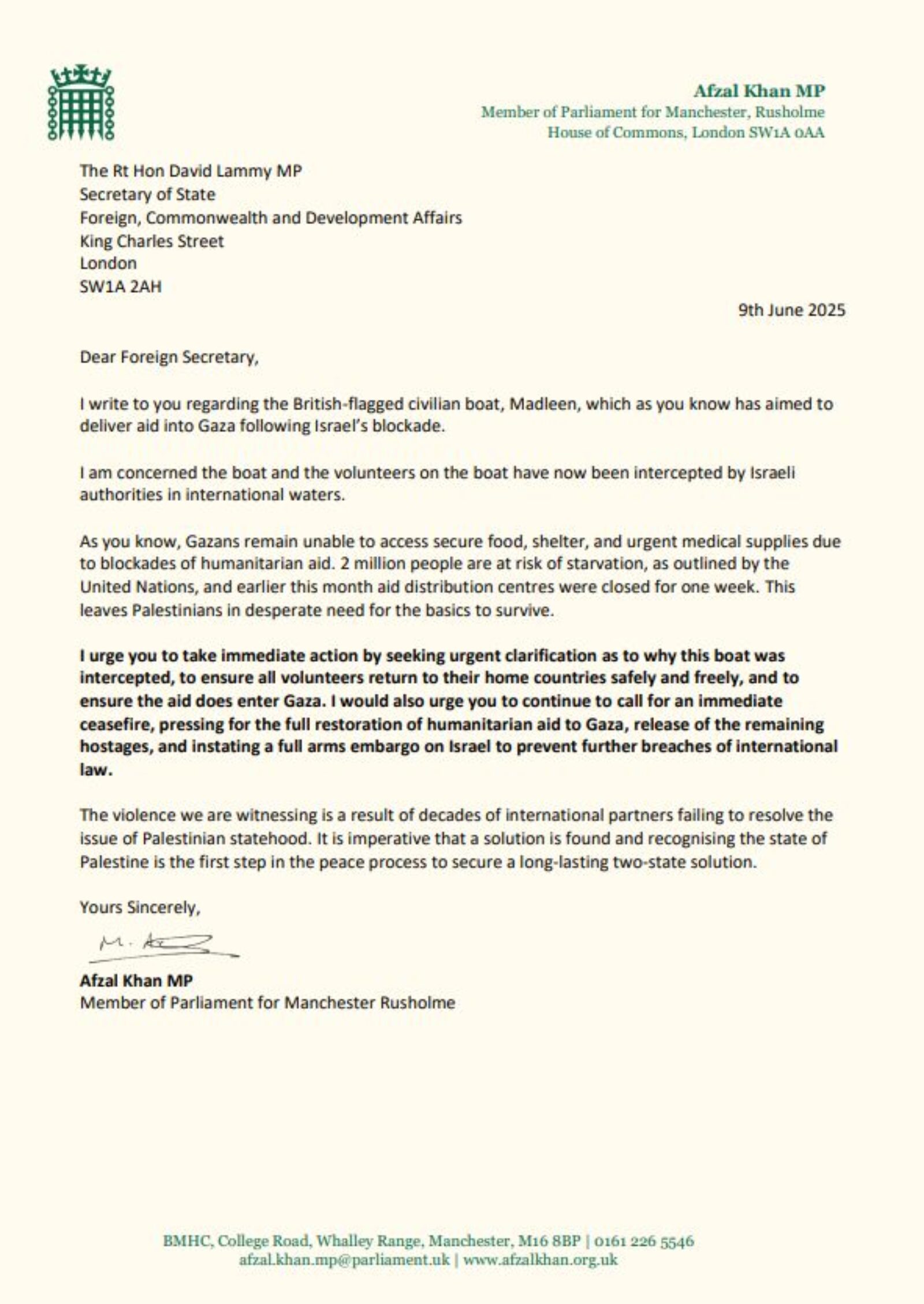 Afzal Khan MP letter to Foreign Secretary